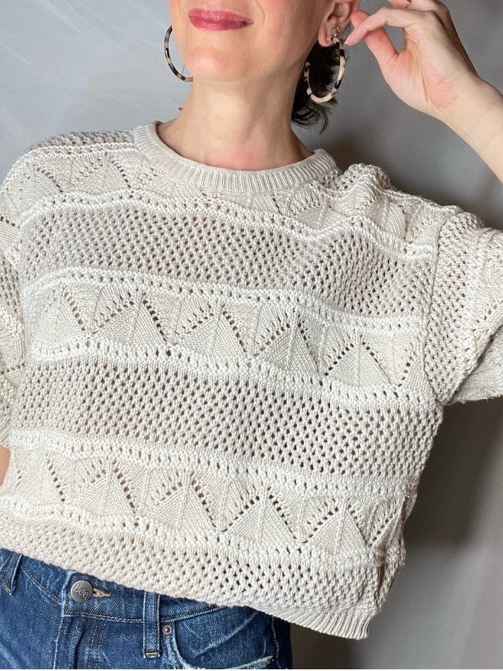 Vintage pointelle loose knit cropped sweater cream lizsport Liz Claiborne M